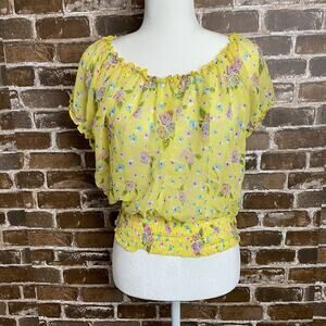BONGO Y2K Lightweight Smocked Sheer Yellow Floral Stretchy Blouse Size L
